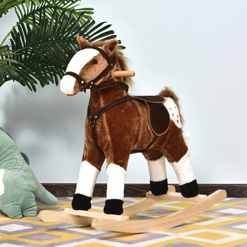 Brown Plush Rocking Horse for Kids Stuffed Ride On Toy with Wooden Base Realistic Horse Design Toddler Animal Rocker Chair