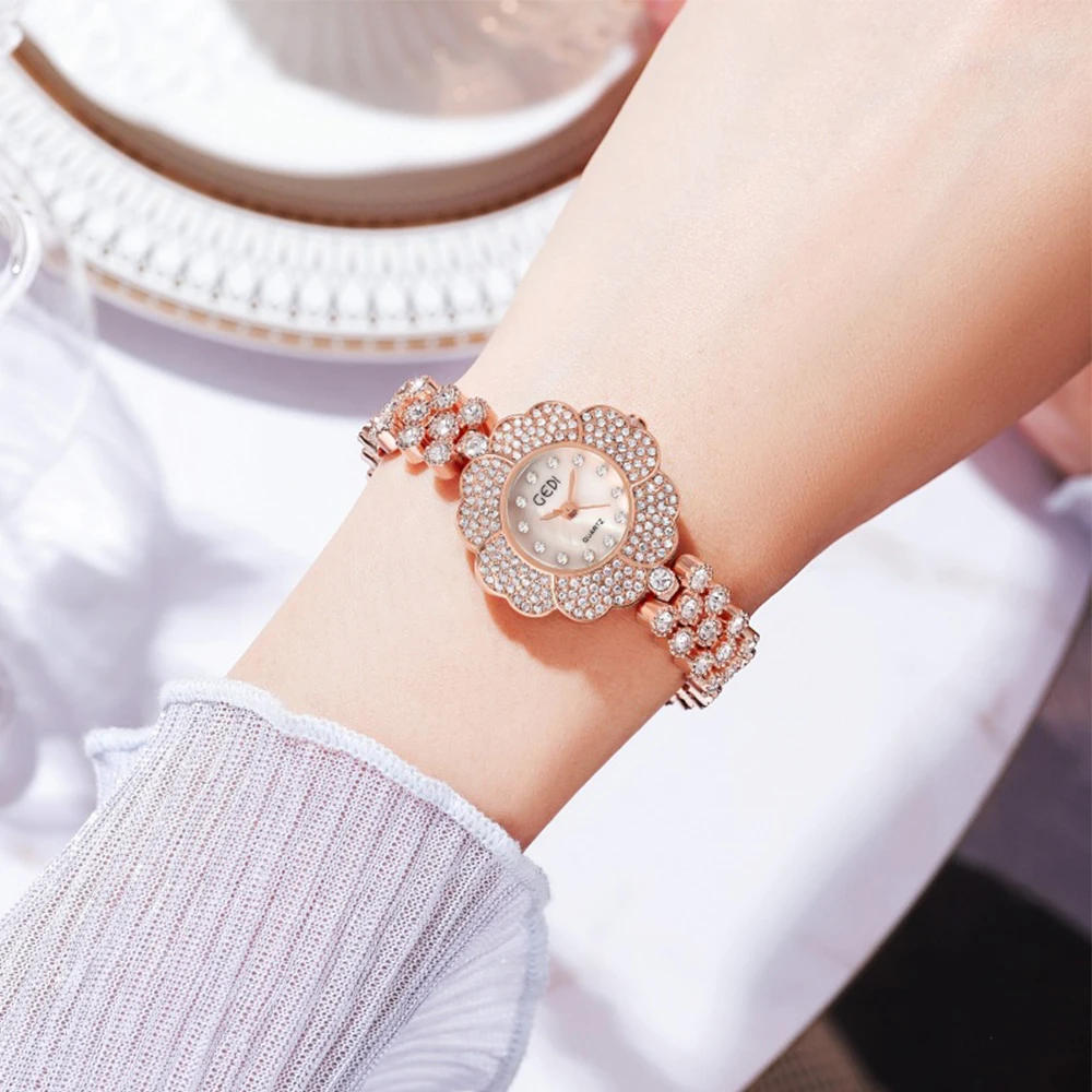 GEDI New Women's Watch Luxury  Flower Quartz Wristwatch Fashion Crystal-Embellished Bracelet Watch часы женские наручные reloj
