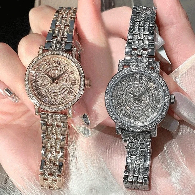 Reloj de diamantes brillantes de lujo para mujer, relojes de diamantes de acero completo, relojes de pulsera de cuarzo de cristal ostentoso ajustables, regalos de reloj