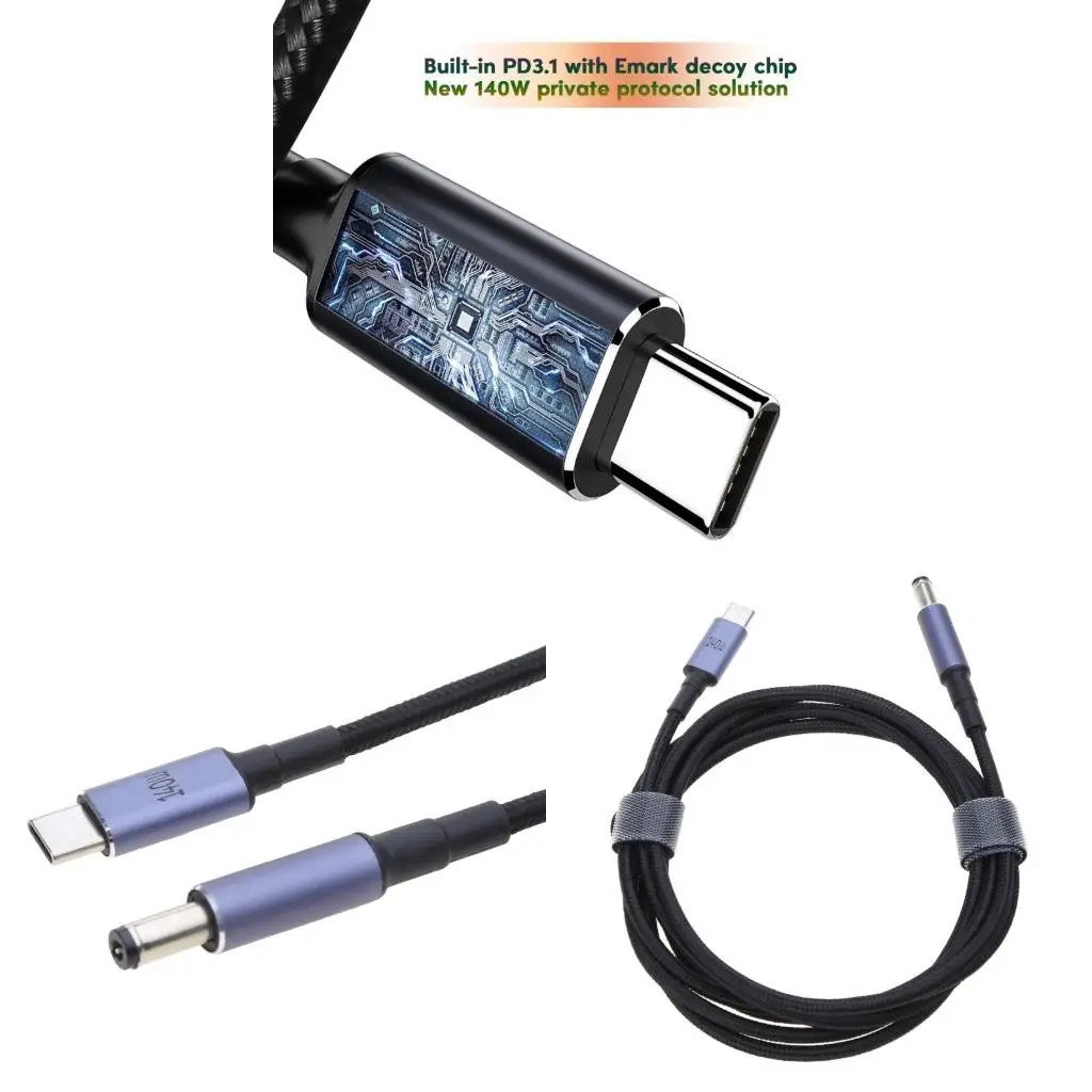 Cable de alimentación trenzado con conector Tipo C a DC5.5x2.1mm 5.5x2.5mm macho, 28V 5A 140W, con cargador PD, para portátil/notebook.