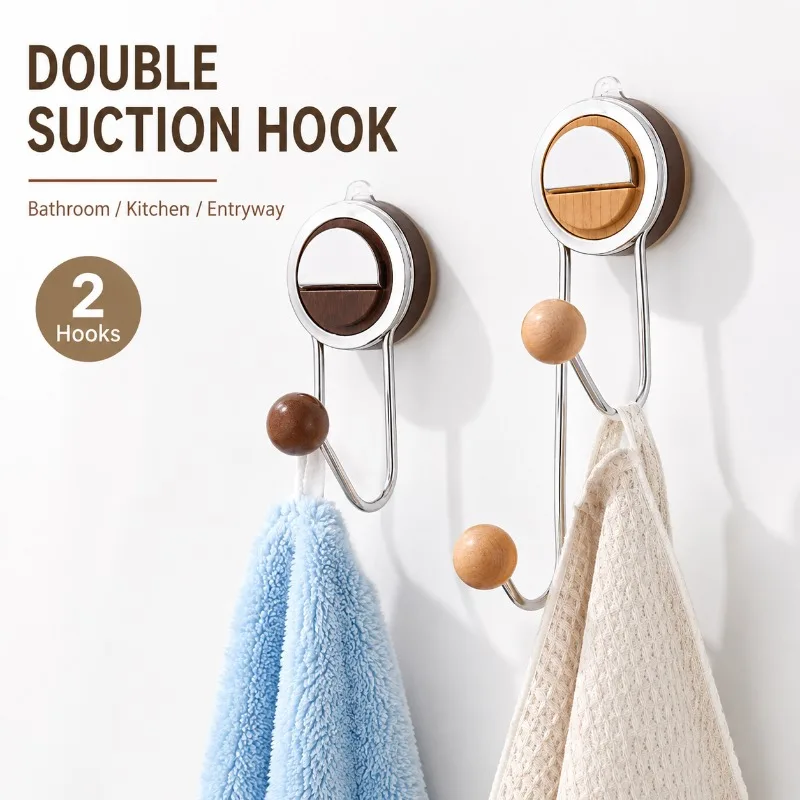 Reusable No Drill Wall Hook Suction Cup Storage Rack Stainless Steel Double Hanger for Kitchen Bathroom Home Organizer