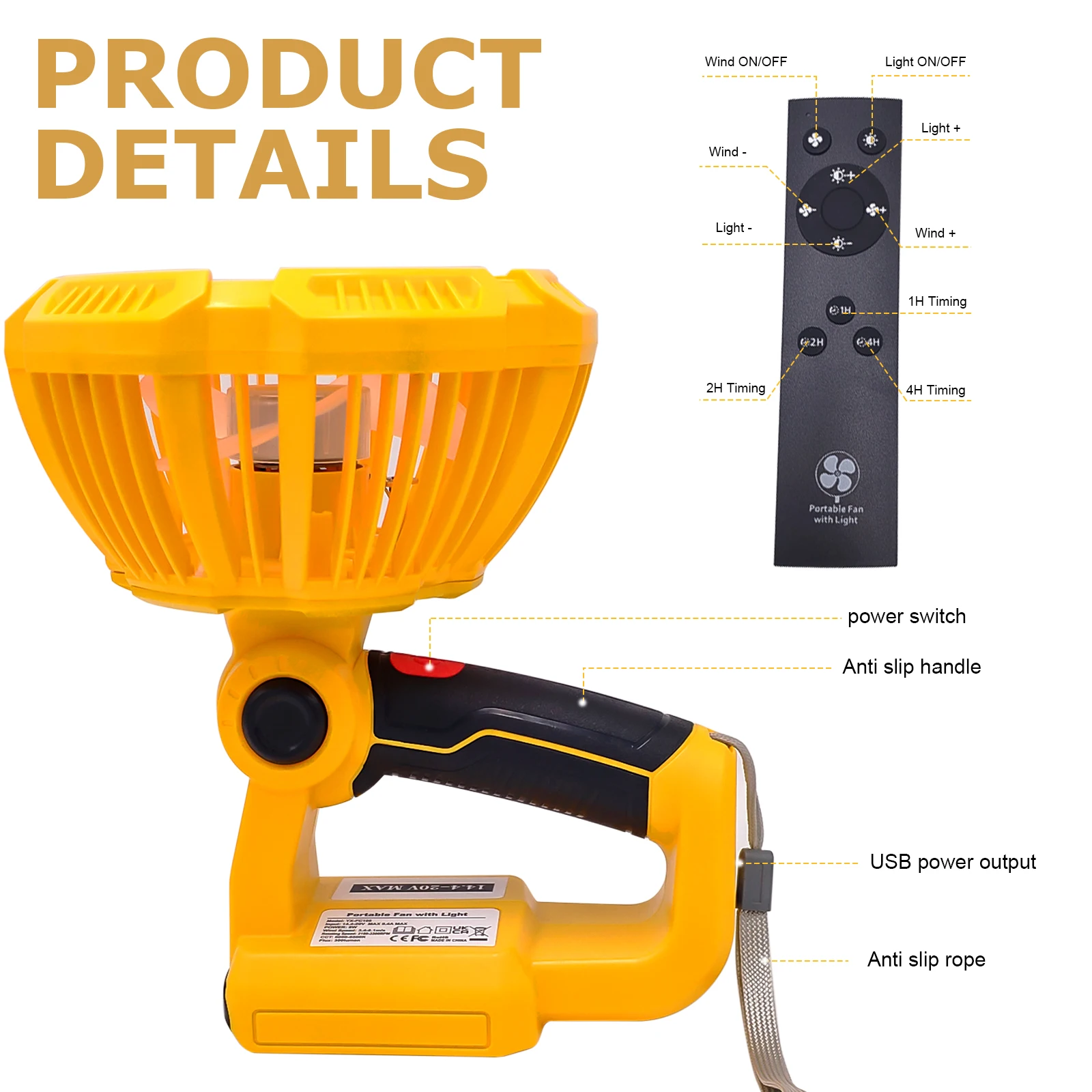 9W สำหรับ DeWalt 14.4-20V แบตเตอรี่ Li-ion แบบพกพาพัดลมแนวตั้งพร้อมไฟ LED ชาร์จเร็วพอร์ต USB เสียงรบกวนต่ำพัดลมไฟฟ้า