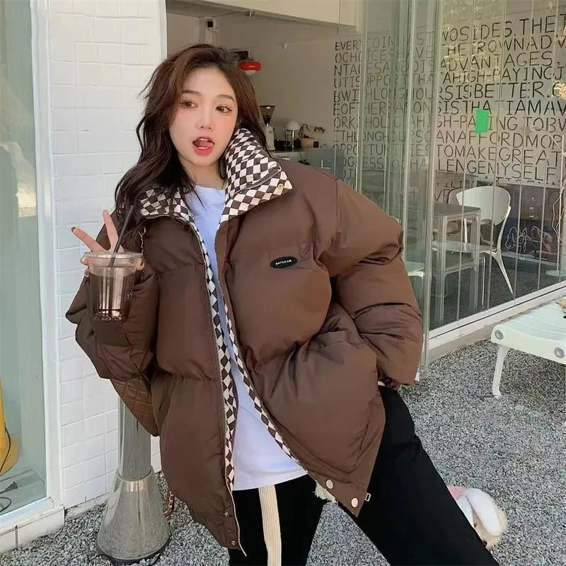 Winter Down Cotton Plaid Jacket Women Zipper Padded Coat Solid Thick Warm Puffer Parkas Jackets Design Loose Outerwear Female