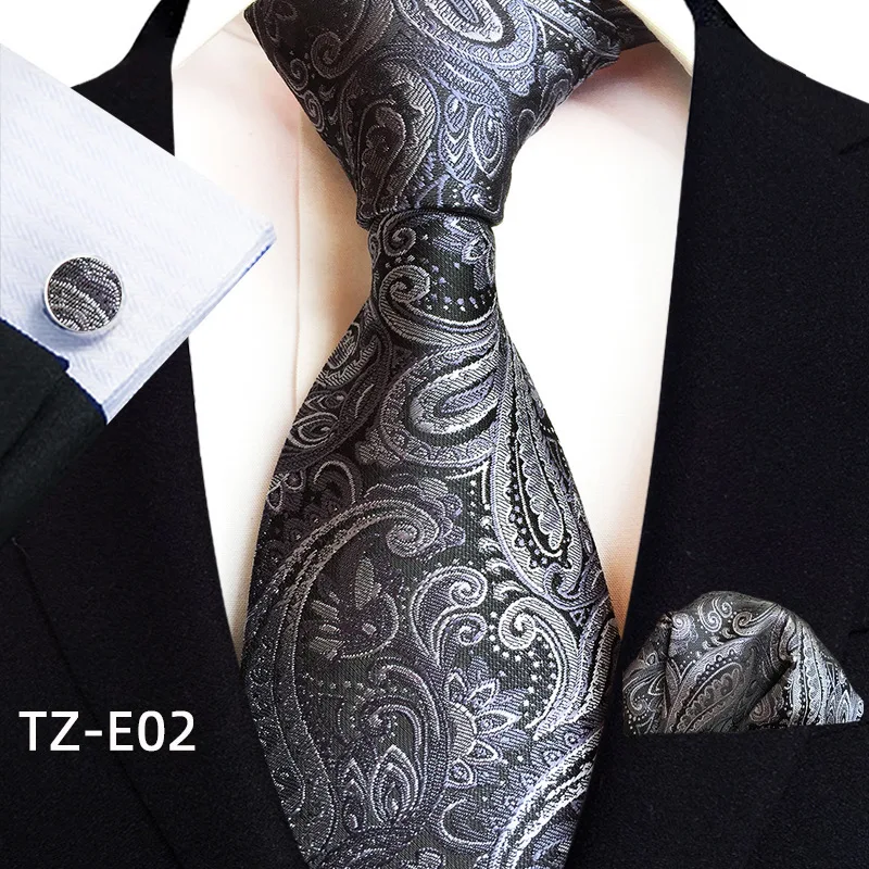 Elegant Striped Black White Tie Set for Men Groom Wedding Necktie Pocket Square Cufflink Accessory Wholesale
