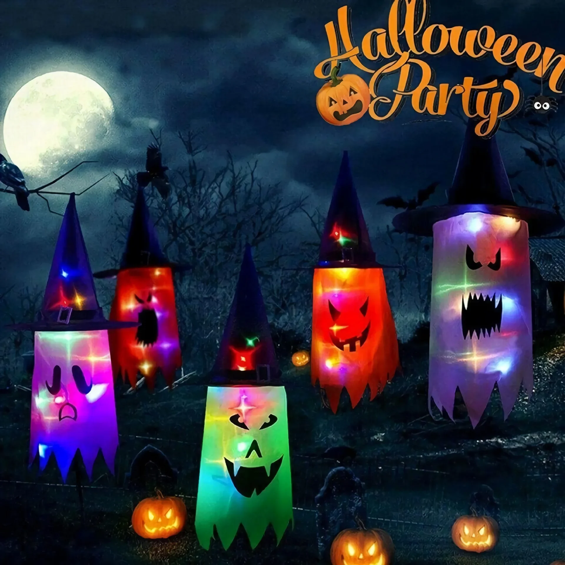 Flying Witch Hats Halloween Decorations Hanging Ghost Lights Glowing Wizard Lamp for Bar Party Dress Up