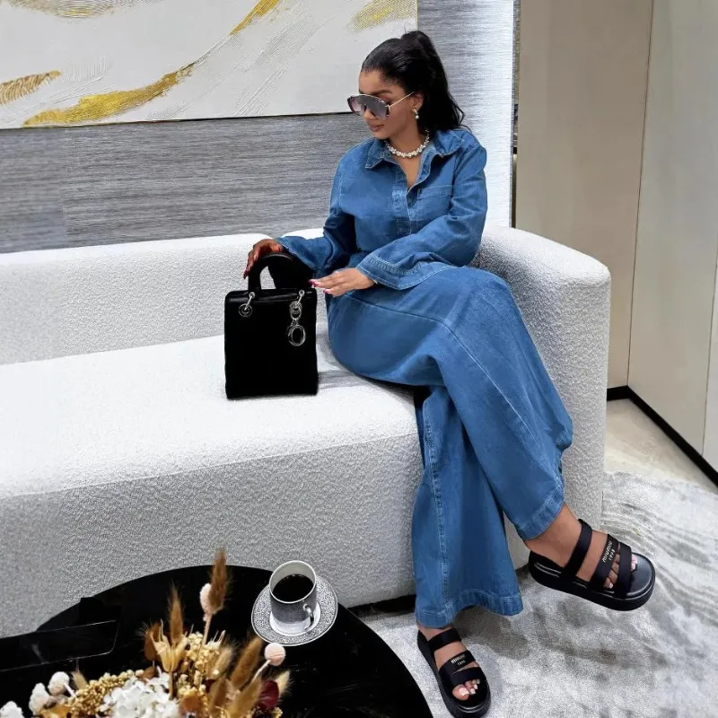 Denim 2 Piece Sets Women Outfits Denim Top Straight Pants Washed Turn Down Collar Streetwear Outfits 2025 Summer Ensemble