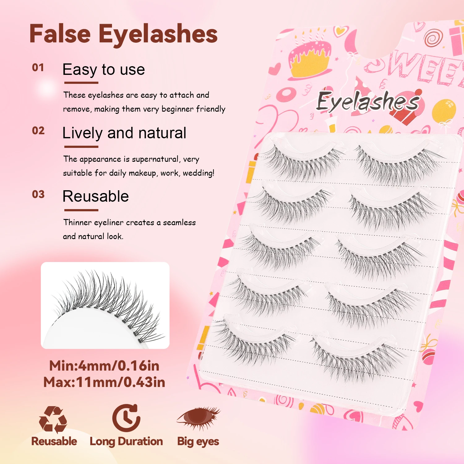 Ciglia finte Girl Group 5 paia di capelli a legatura a mano a forma di U Blocco trasparente Occhi naturali confortevoli dei cartoni animati