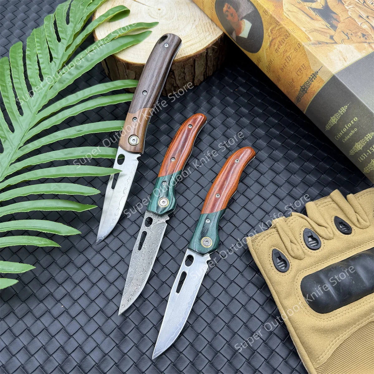 

Folding Knife Outdoor Everyday Carry Pocket Knife 9CR Alloy Steel / Damascus Blade, Wood Handle, Camping Knife