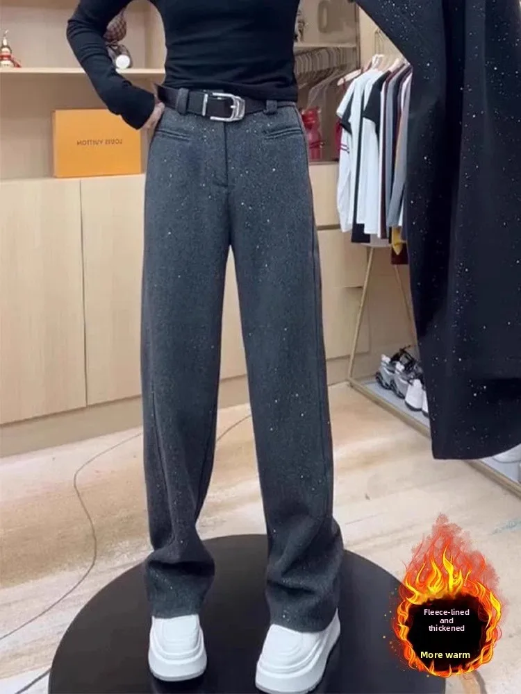 

Женские повседневные брюки с высокой талией, на флисовой подкладке, прямого кроя, осенне-зимние, больших размеров, с эффектом похудения, длиной в пол