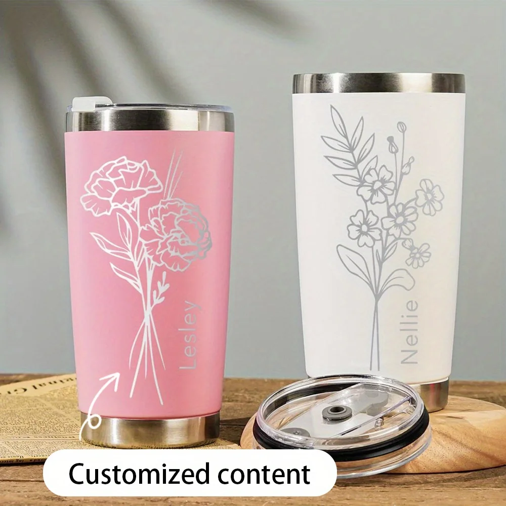 Custom Name Carnation Birth Flower 20oz Stainless Steel Tumbler With Sliding Lid Vacuum Insulated Travel Coffee Mug For Car.