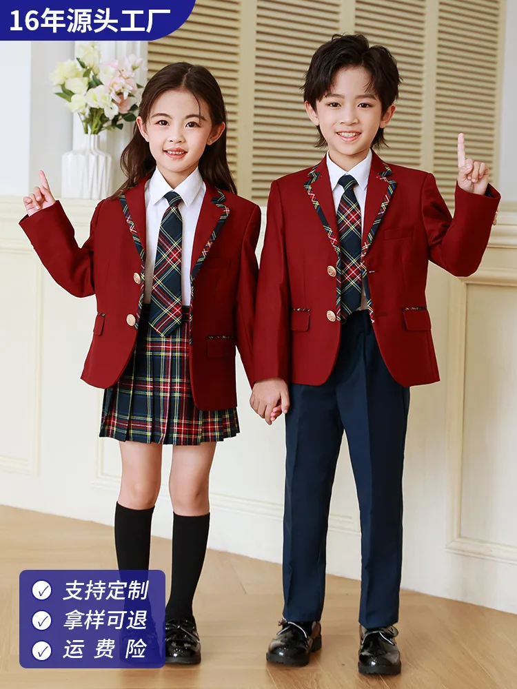 Children British School Uniform Girls Korean Jacket Pleated Plaid Skirts Boys Blazers Pants Suits Kids Teens Student Clothes Set