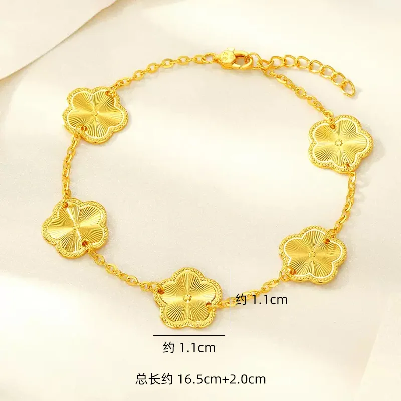 New 9999 24K real gold five-flower four-leaf clover laser light and shadow bracelet women's lucky grass earrings necklace