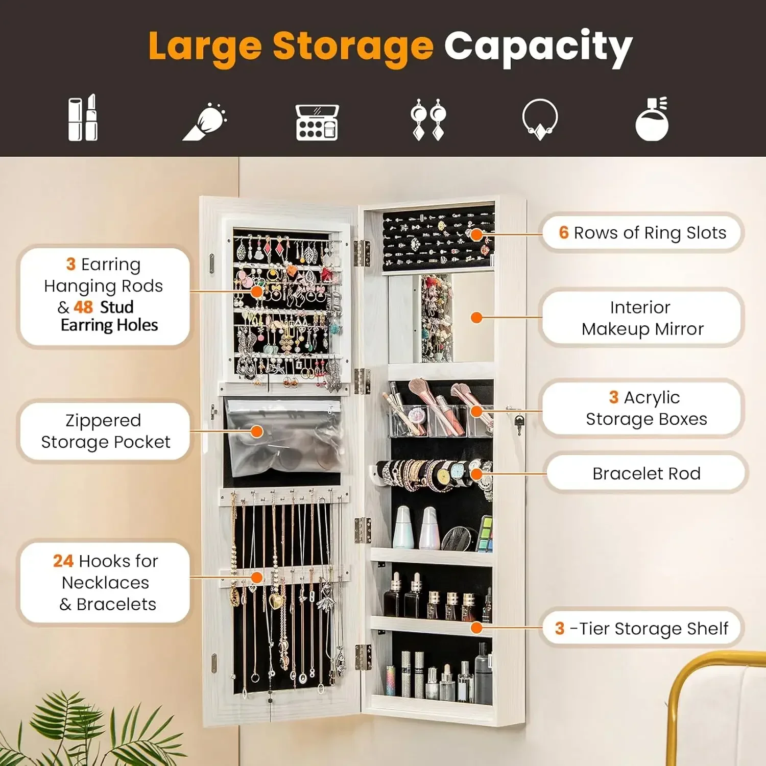 Jewelry Cabinet Armoire Door Wall Mount, 47.2in Lockable Touch Screen Lighted Full Length Mirror, 3 Lighting Settings, Inside Ma