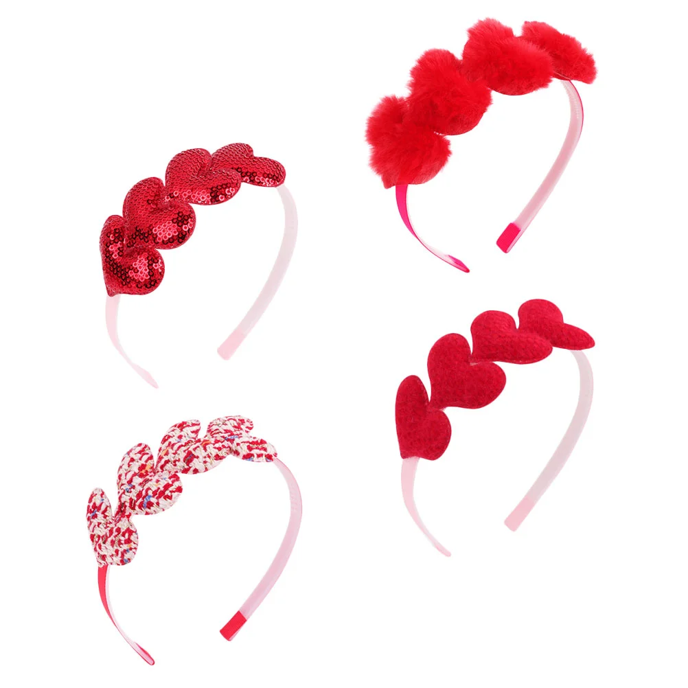 4 PCS Valentine's Day Headband Hairbands Lovely Party Headbands Stitching Heart-shaped Sponge Hoops Girls Miss