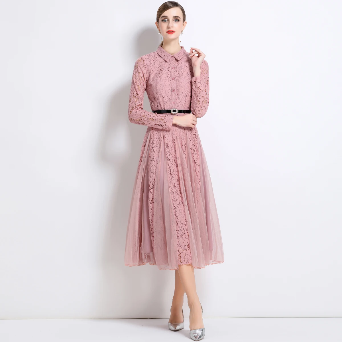 Sukienka damska na wiosnę i lato, z haftem kwiatowym, na wybieg, wieczorowa, na studniówkę, koronkowa, z kołnierzykiem, długim rękawem, paskiem, świąteczna, midi, długa, vestido.