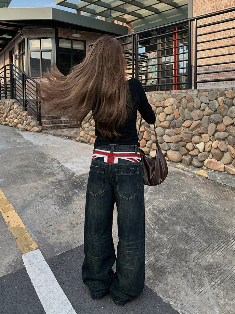 plus Size American Retro Patchwork Design Denim Pants Women's Street Style Loose Wide Leg Long Trousers Autumn Season