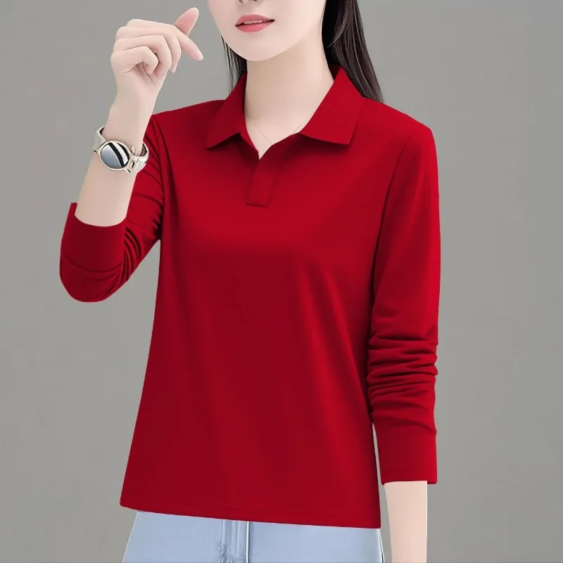 Women Polo Collar Long Sleeve T Shirt Spring Autumn Loose Versatile Inner Basic Top