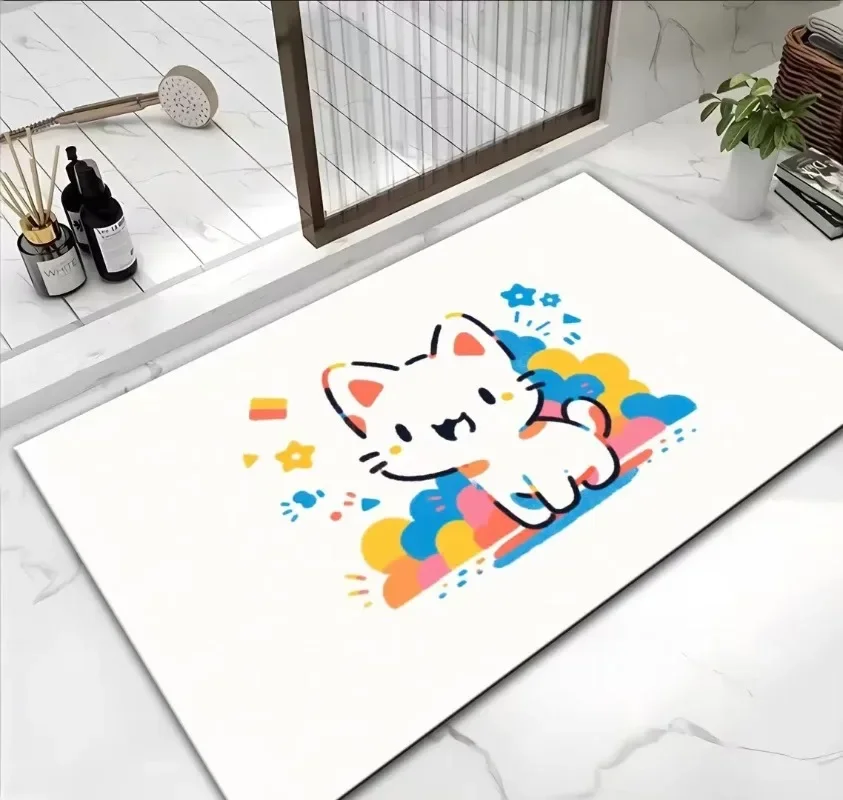 

Cartoon Cat Print Bath Door Mat Bathroom Living Room Decor Diatomaceous Mats Non Slip Floor Entrance Carpet Super Absorbent Rug