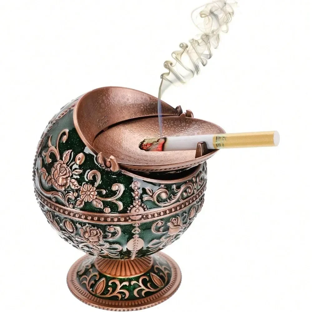 

Ashtray With Lid For Cigarettes Metal Portable Cigar Ashtray Odor Eliminator For Indoor Outdoor Hand Stamped Rose Pattern With