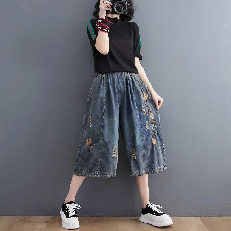 New 2024 Summer Streetwear Womens Vintage Ripped Jeans Holes Blue Denim Shorts Ladies Elastic Loose Thin Straight Wide Leg Pants