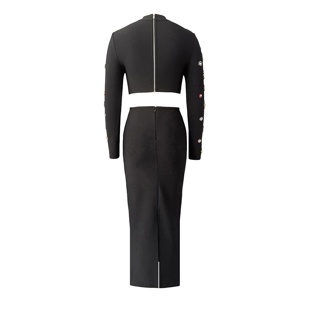 Women Bodycon Bandage Sets Fashion Beading Long Sleeve Top Skirts Two Pieces Sets Women Elegant Sets
