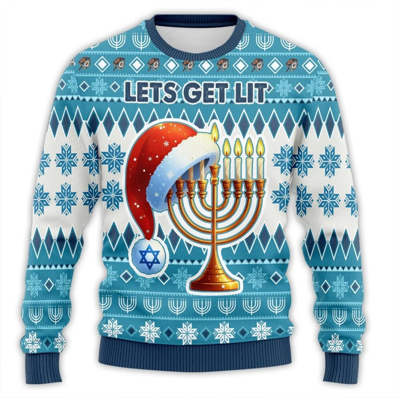 Pull de Noël imprimé en 3D HanuPatrick ah Menorah pour hommes, vêtements unisexes, sweat-shirt Hanukah, pulls de vacances, survê