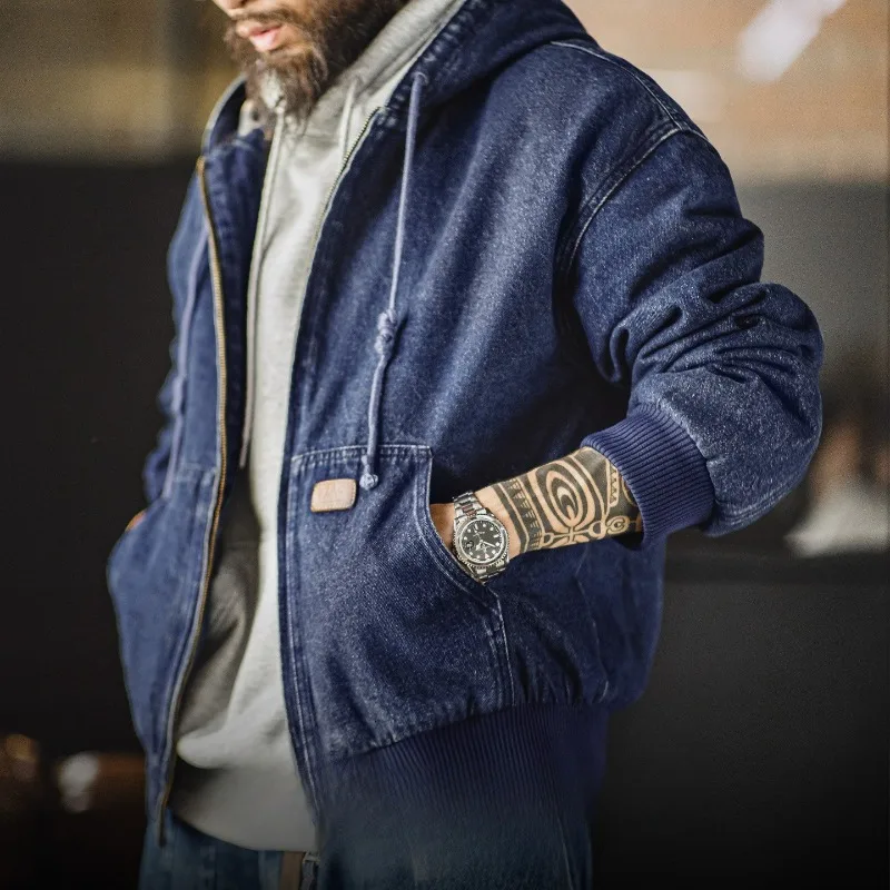 

Retro Washed Denim Jacket Men Hem Elastic Design Tops Lining Plaid Pattern Men's Tooling Big Pockets Zipper Hooded Coats Autumn