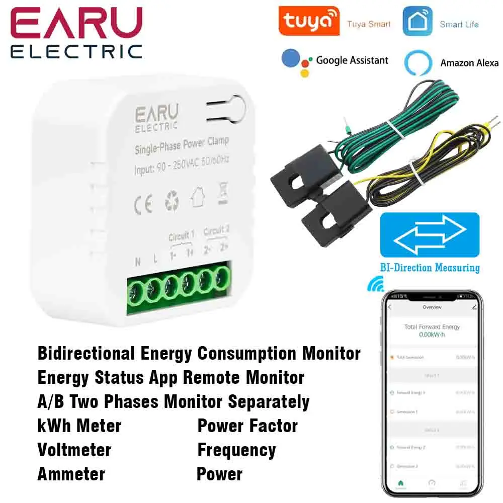 Tuya WiFi Zigbee Smart Two-way Bilateral Energy Meter 80-300A AC110V 220V Clamp CT KWh Power Electricity Consumption Monitor