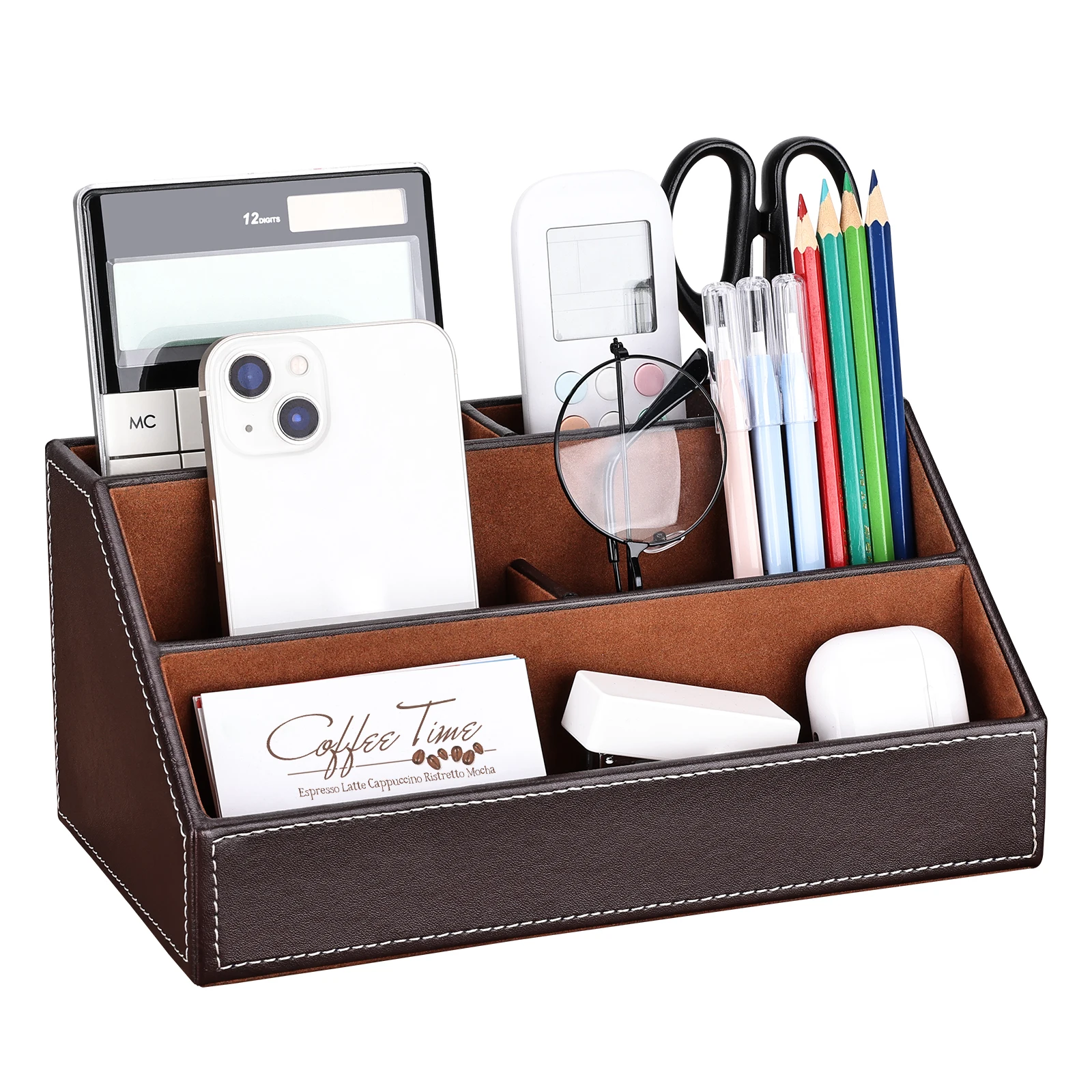 Office Desk Accessories Organizer 5 Compartments Pen Holder PU Leather Stationery Pencil Storage Box Card Holder Case