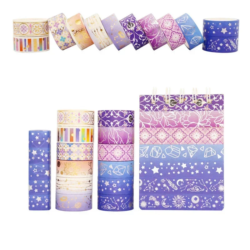 12 Rolls/set Constellation Series Laser Masking Tape Set Purple Star Gold Foil Paper Scrapbook DIY Student Stationery