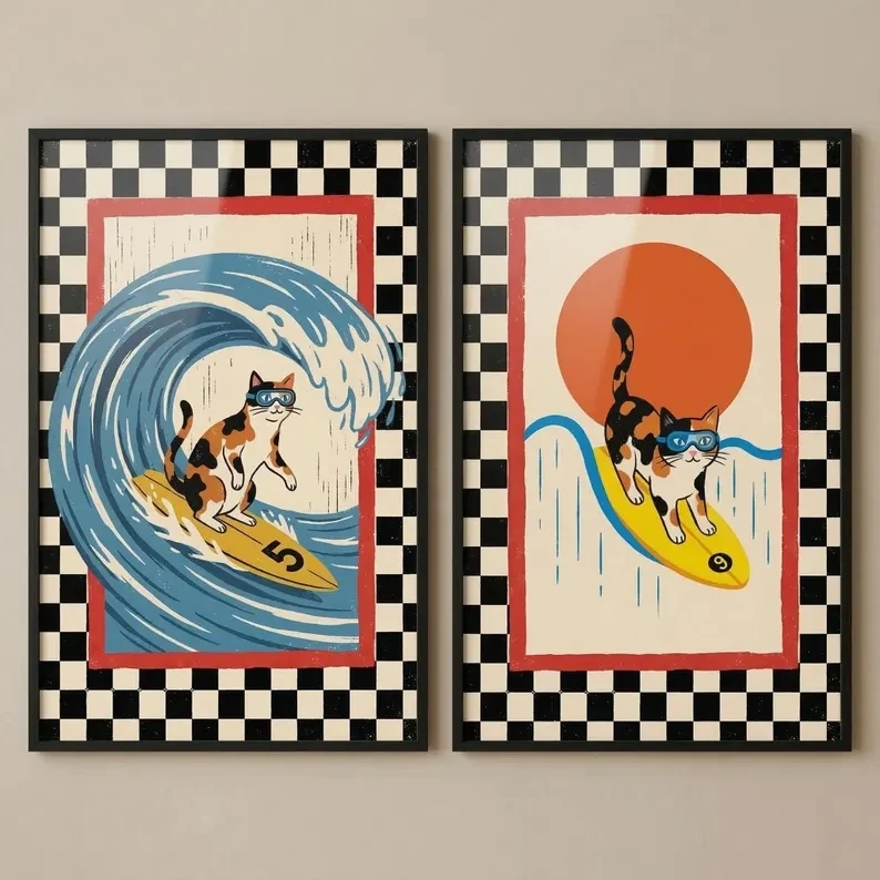 3pcs Retro Japanese Wave Cat SurfingWall Art Print Canvas Painting Poster Picture For Living Room,Bedroom Home Decor - view 3
