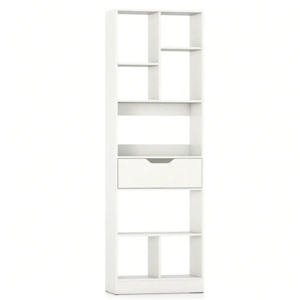 

White Wooden Bookcase With Drawer, 8 Open Cubes Anti-Toppling Kits Book Shelf For Living Room Study Corner Shelf 1PCS