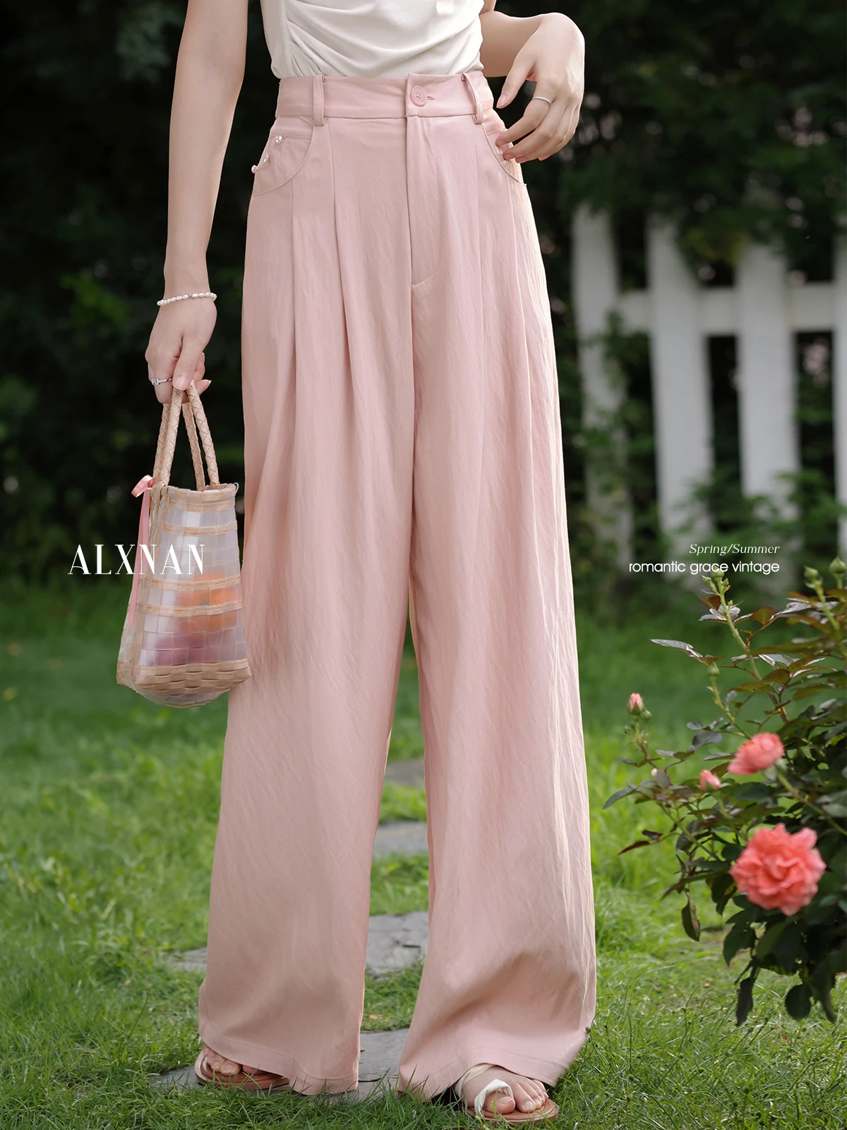 

ALXNAN Pink Wide-leg Pants High-waist Casual Straight Women's Long Pants 2025 Summer Elegant Office Lady Baggy Trousers L56031