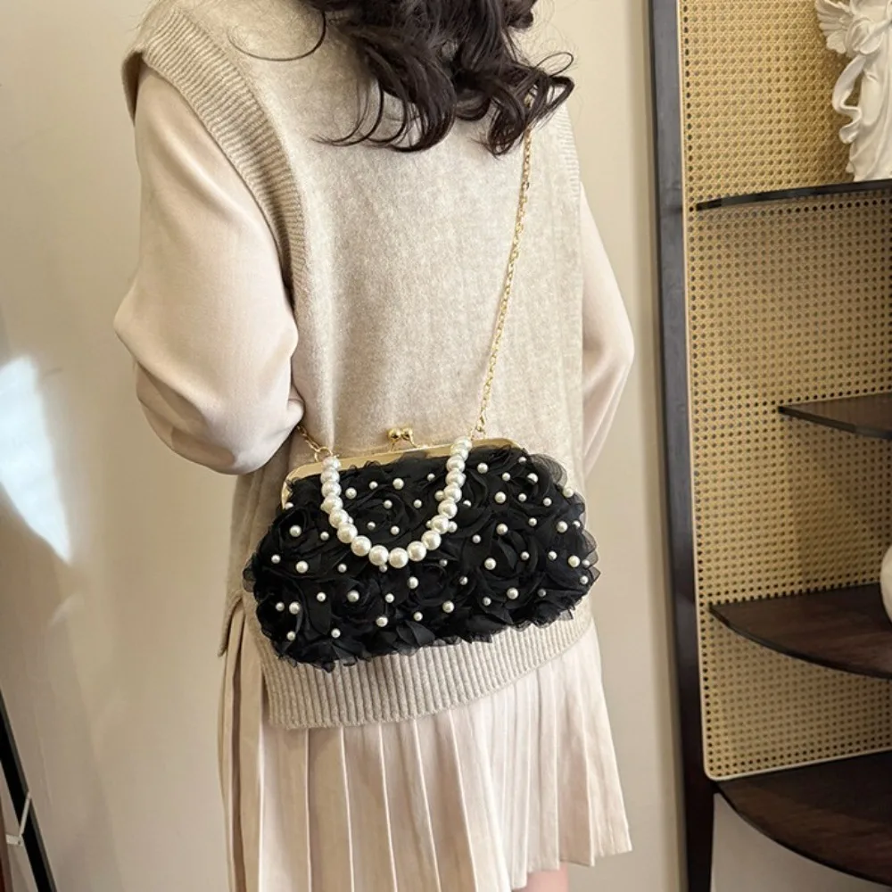 ローズフラワーイブニングバンケットバッグメタルチェーンパールパールチェーンハンドバッグエレガントな小さなクラッチハンドバッグクロスボディショルダーバッグ