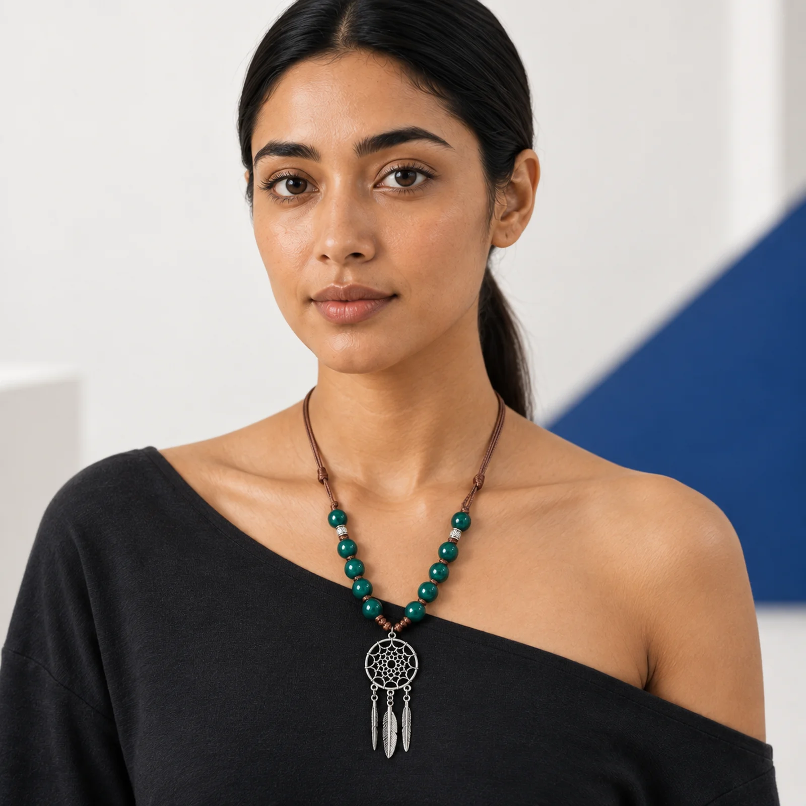 Handmade Ceramic Bead Necklace with Adjustable Waxed Cord Handwoven Alloy Feather Net Pendant Metal Fittings 609P5-07