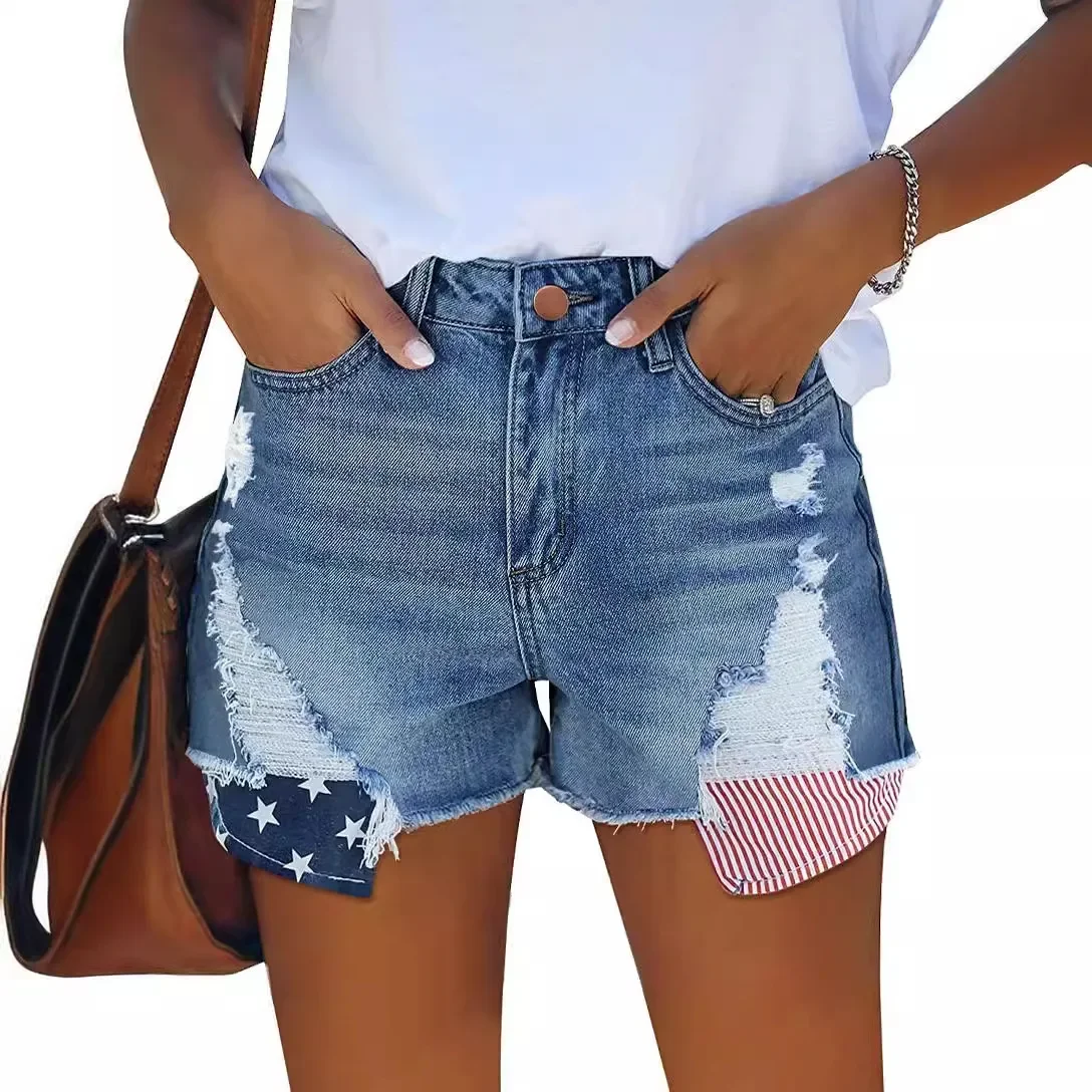 Shorts Denim Washed Women Jean Ripped Print High Waist Hole Spliced Slim Fit Distressed Jeans 2025 Casual Pockets Summer - Image 3