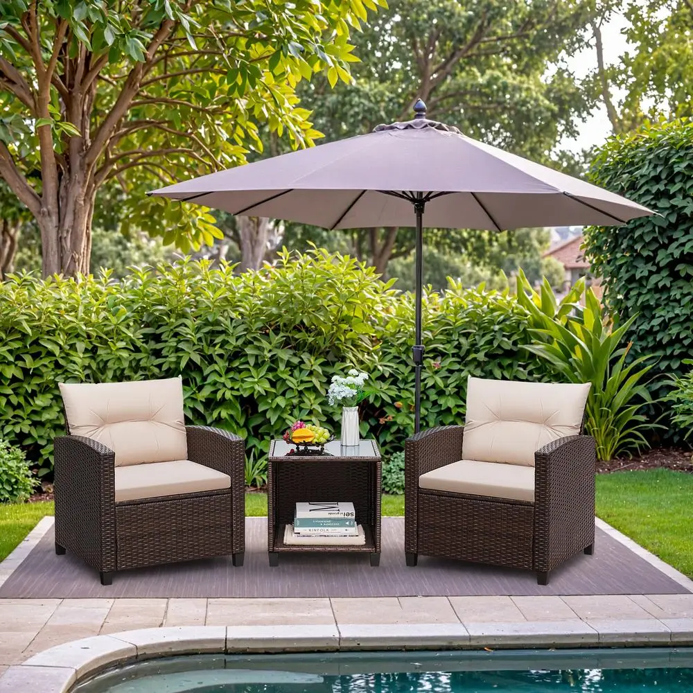 

3 Pieces Patio Furniture Sets Outdoor PE Rattan Wicker Chairs with Soft Cushion and Glass Coffee Table for Garden Backyard Porc