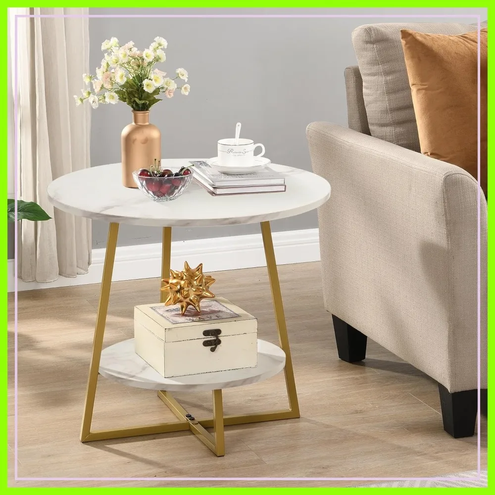 

20" Round End Table with Storage Shelf, White Faux Marble/Gold, Small Side Table for Living Room