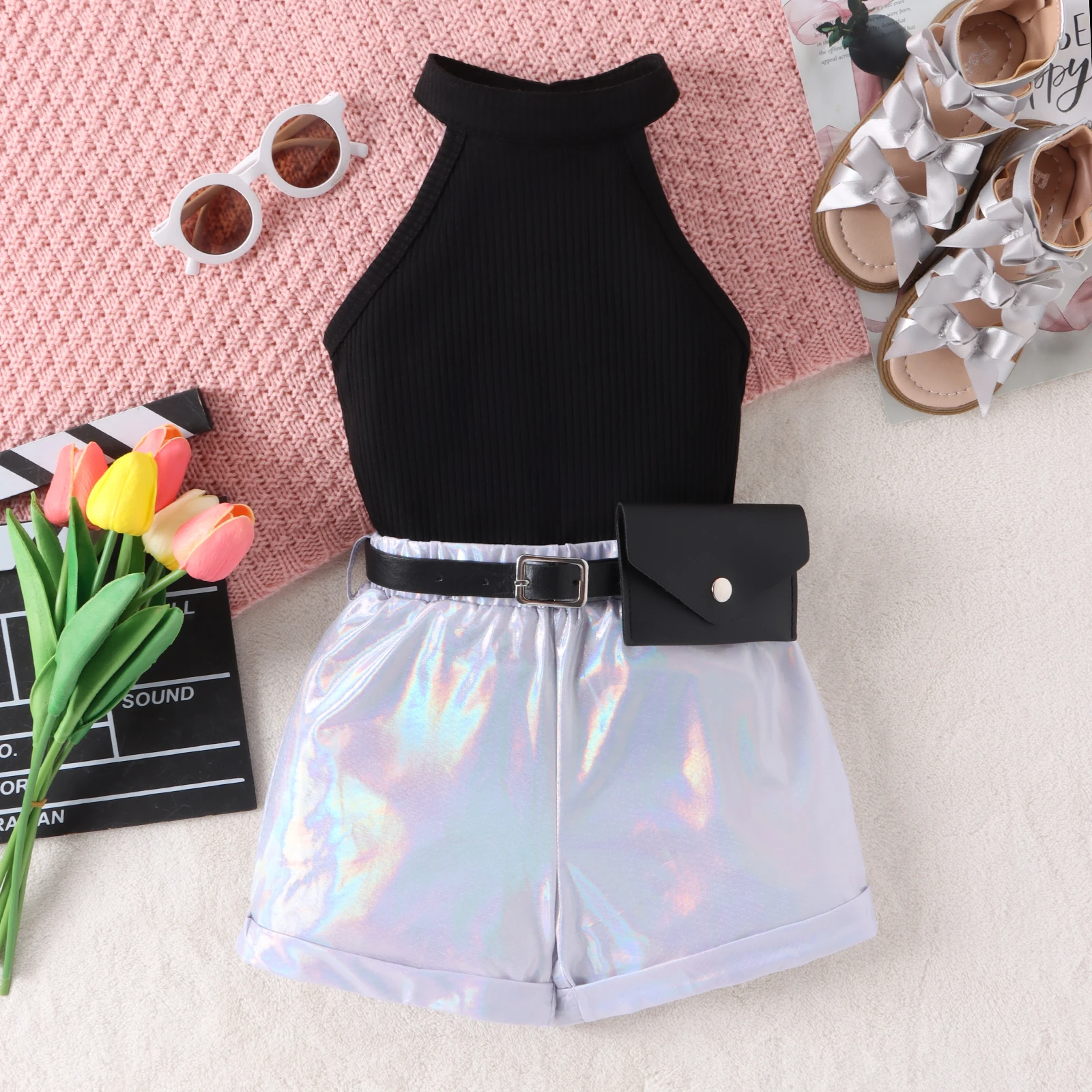 2PCS Summer 4-7 Years Old Baby Girls Soft Comfortable Cool Black Halter Top + Silver Shorts Minimalist Casual Suit