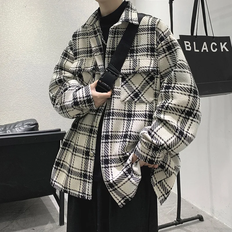 Autumn Winter Retro Men's Woolen Plaid Button Lapel Shirt Jacket Youth Korean Fashion Outwear Long Sleeve Coat Man Clothing