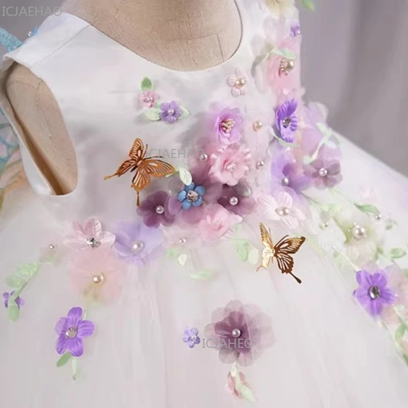 2026 White Baby Girl First Birthday Puffy Dress Girl Wedding Formal Party Celebration Costume Kids Princess Gown Children Flower