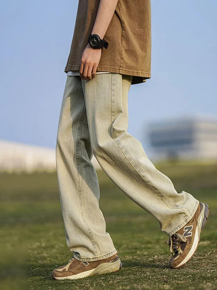 الجليد الحرير القطن الرجال نحيل الصيف العصرية الأمريكية الرجعية مستقيم الساق بنطال ذو قصة أرجل واسعة عادية بنطلون جينز طويل