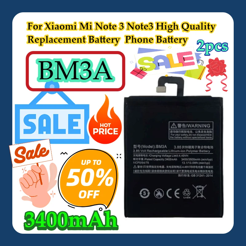 

2pcs For Xiaomi Mi Note 3 Note3 High Quality Replacement Battery BM3A Phone Battery 3400mAh