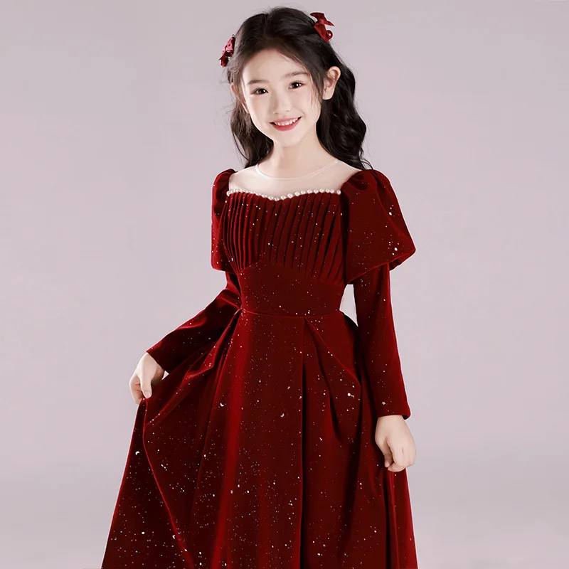 Teenmiro Hostess Costume for Children Girls Chinese New Year\'s Party Dress Infants Red Sequins Beading Ball Gown Teens Partywear