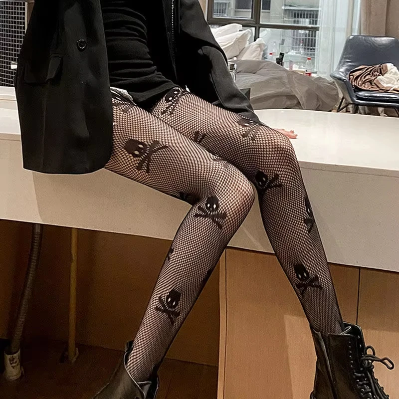 1Pcs Women's Dark Retro Skull Pantyhose Ins Tide Thin Spicy Girl Fishing Net Sexy Skeleton Jk Black Silk Bottoms