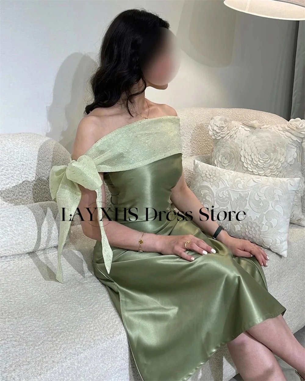 LAYXHS Exquisite schulterfreie Abendkleider, A-Linie, glänzende Schleife, knielang, für Damen, Party-Abschlussball-Kleider, individuell gestaltet