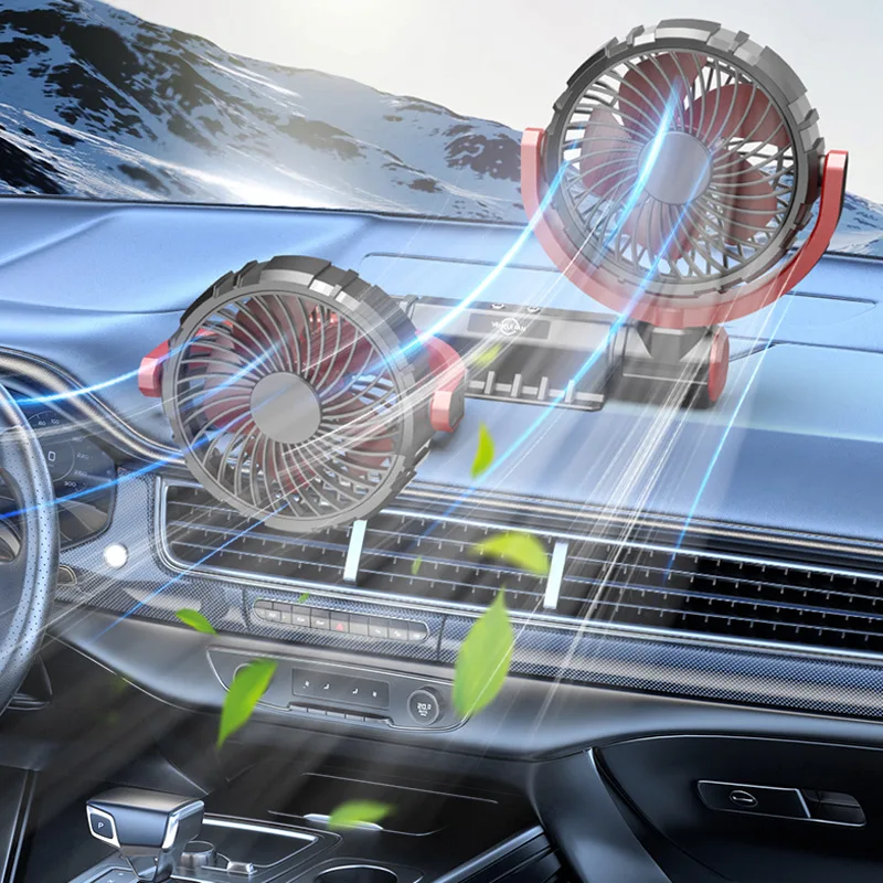 Dual-head car fan, foldable & multi-angle rotatable with USB power supply, creative interior auto accessory