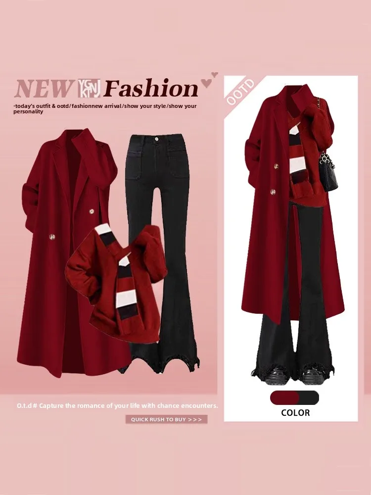 Winter Cisas Red Women's Korean Sle Long Knitted Sweater Coat Flared Pants Set Faionable Tee-Piece Suit for Ladies