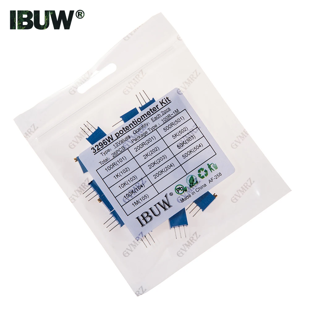 26PCS 13Values 3296W Potentiometer Kit (100R-1MΩ) for Precision Electronic Equipment Tuning & Circuit Prototyping