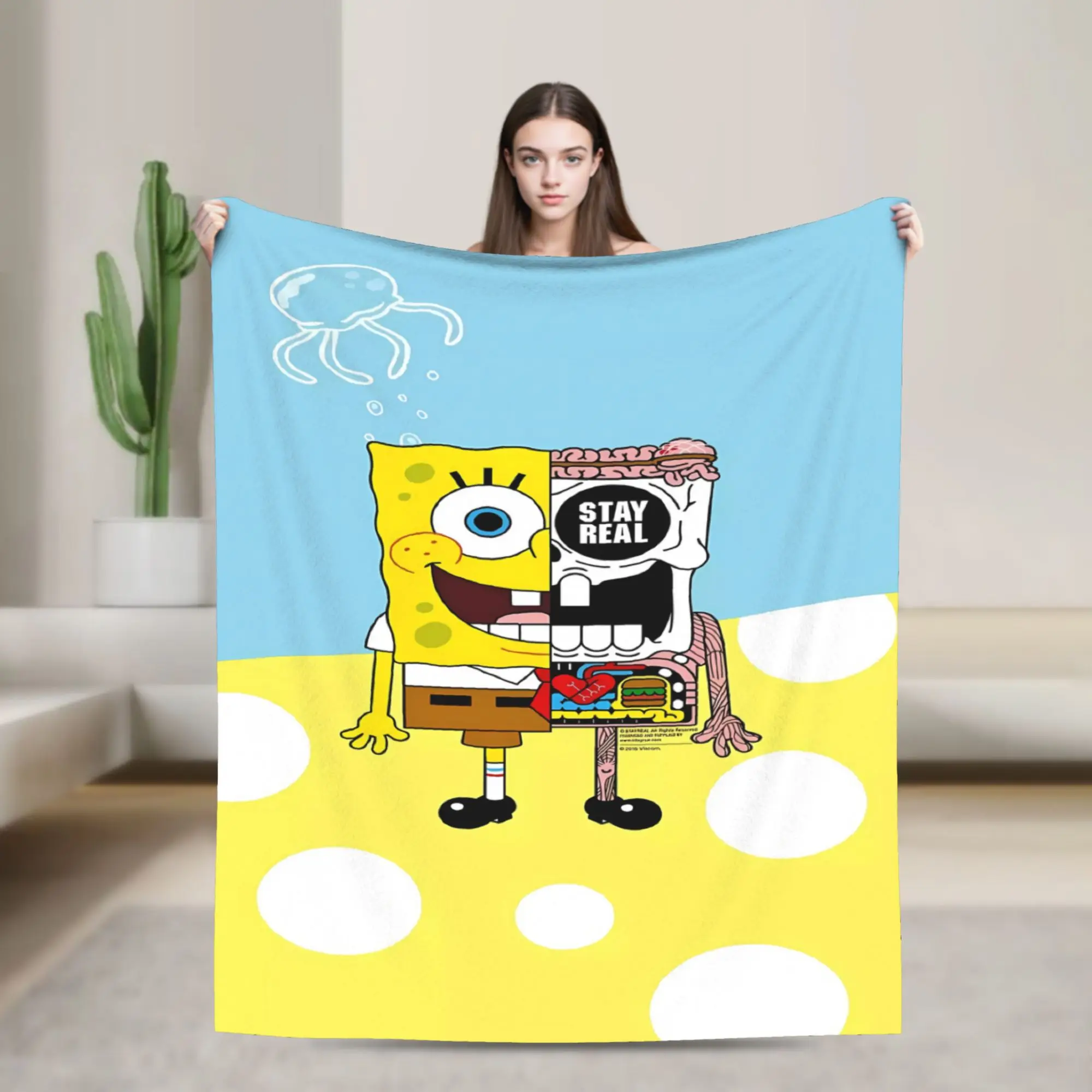 SpongeBobs White Polka Dot Single SpongeBob Plush Blanket Girls Boys Flannel Throw Blanket Warm Soft Quality Bedspread Gift Idea